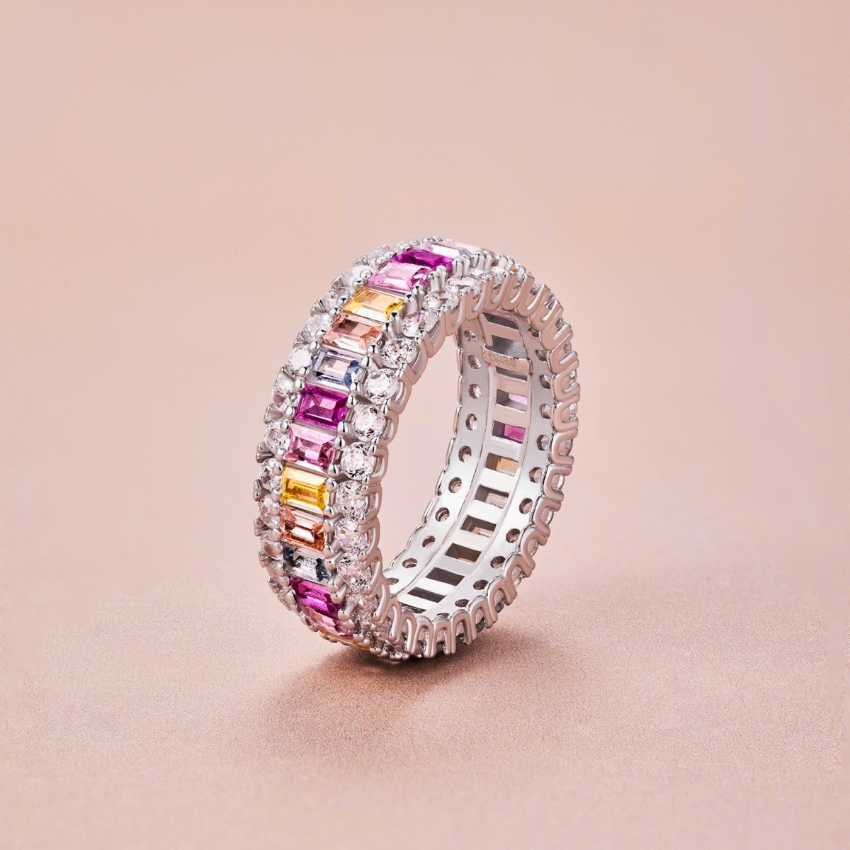 Rainbow Emerald Sterling Silver Pave Ring
