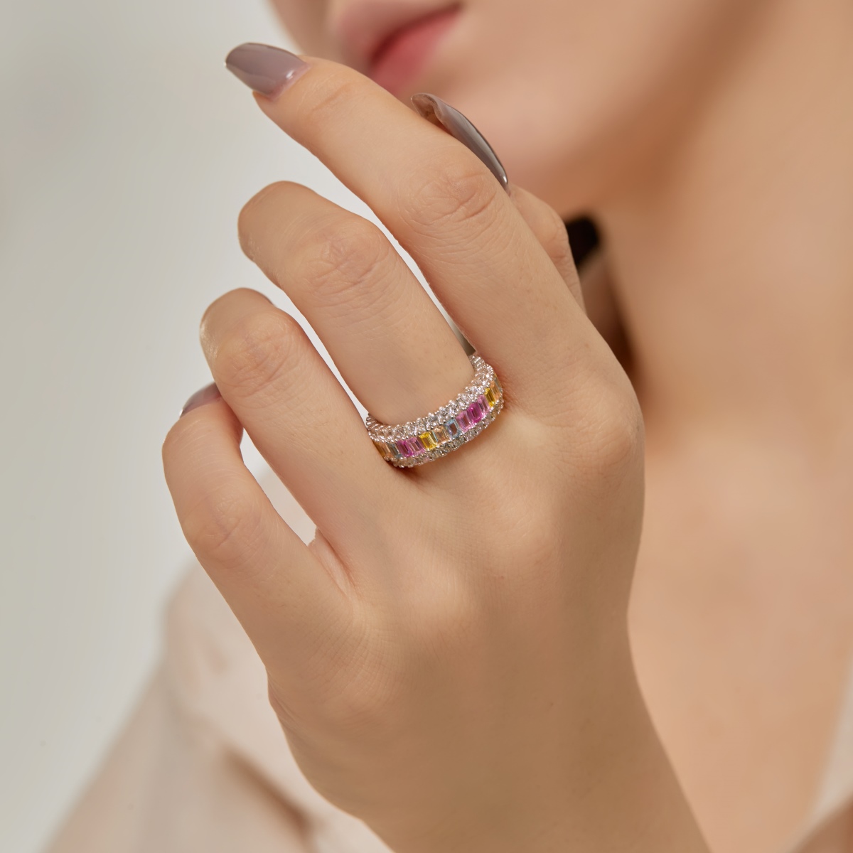Rainbow Emerald Sterling Silver Pave Ring
