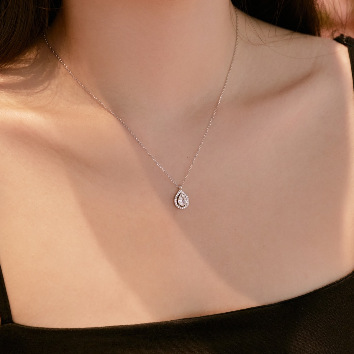 Classic Hollow Pear Halo Sterling Silver Necklace