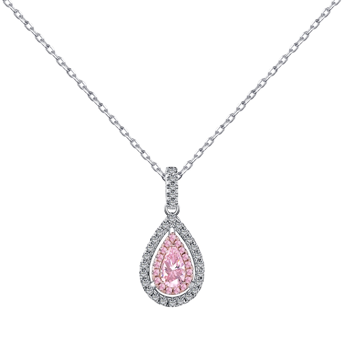 Luxurious Pink Pear Halo Sterling Silver Necklace