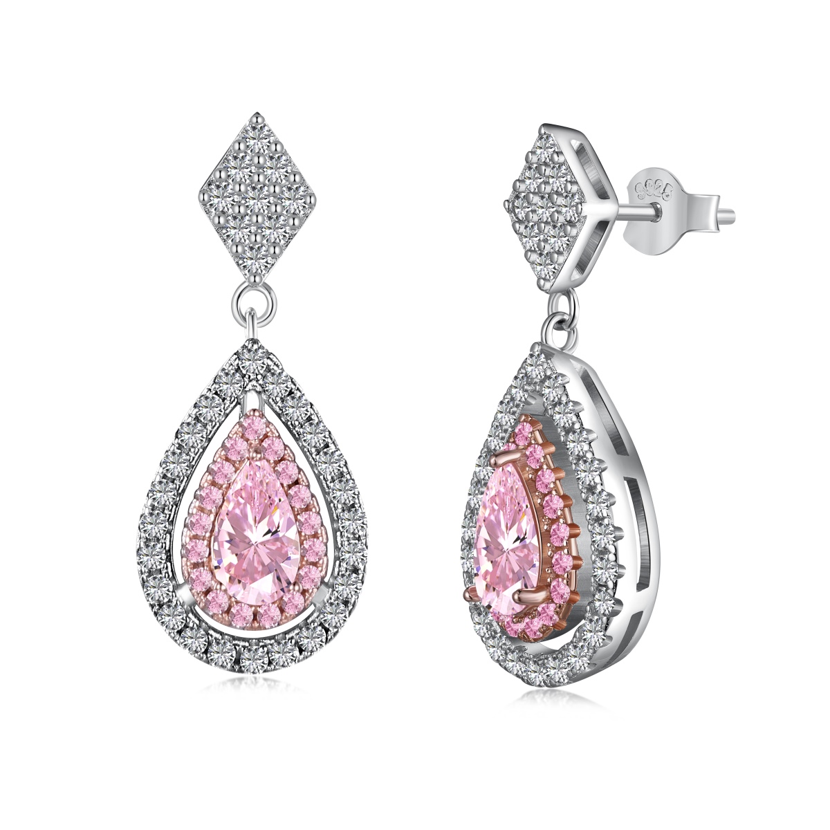 Luxurious Pink Pear Halo Sterling Silver Earrings