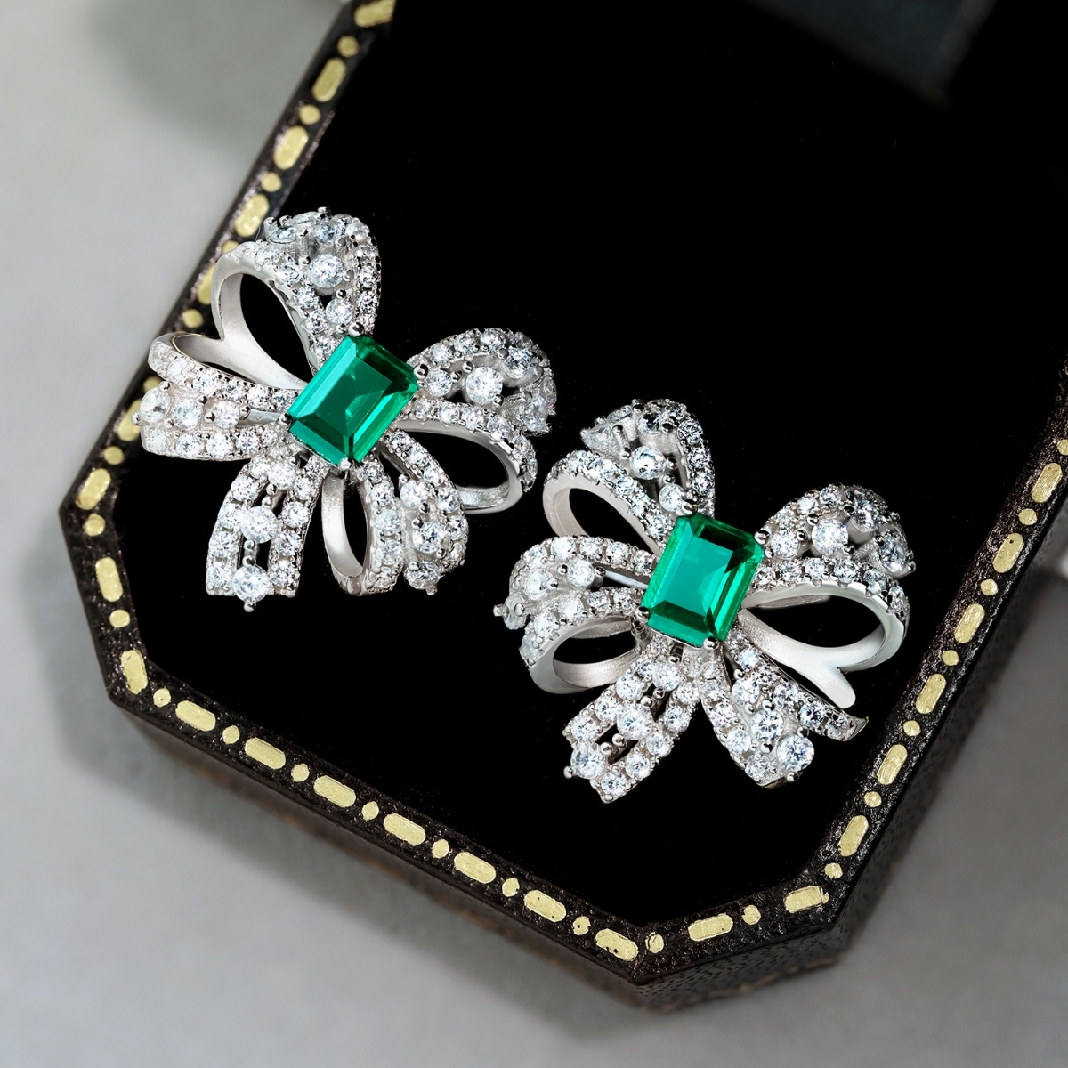 Luxurious Bow Emerald Sterling Silver Earrings