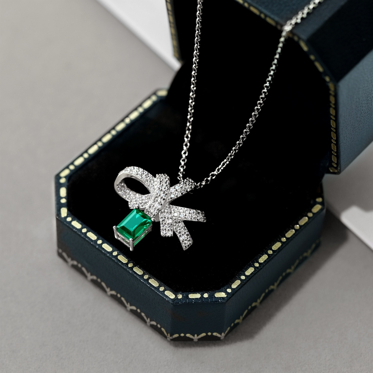 Delicate Bow Emerald Sterling Silver Necklace