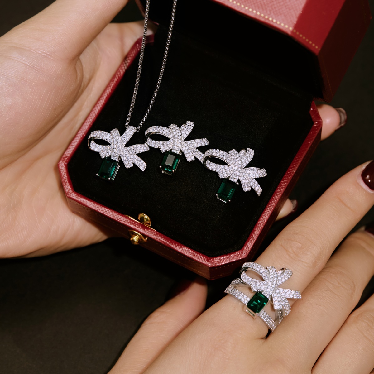 Delicate Bow Emerald Sterling Silver Earrings