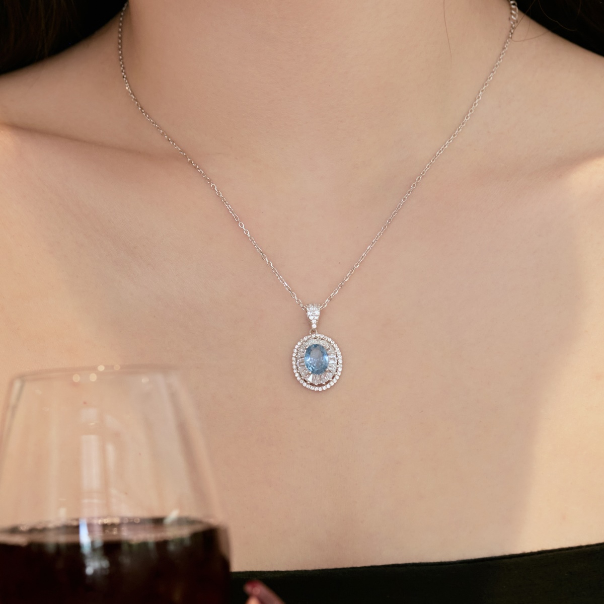 Luxurious Blue Legend Oval Halo Sterling Silver Necklace