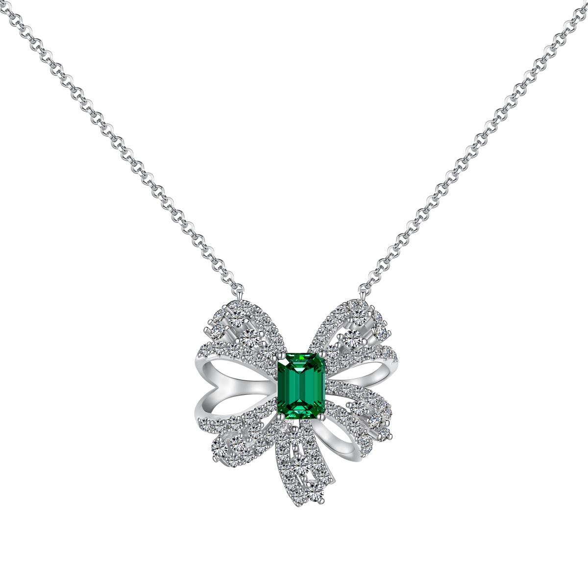 Luxurious Bow Emerald Sterling Silver Necklace