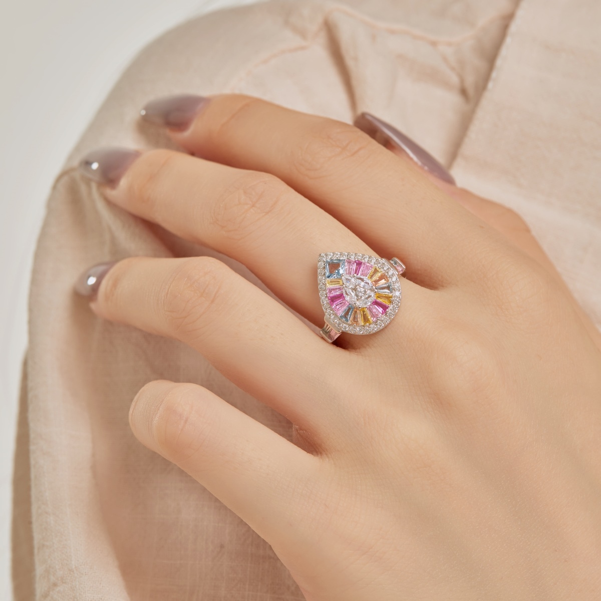 Rainbow Droplets Pave Statement Ring