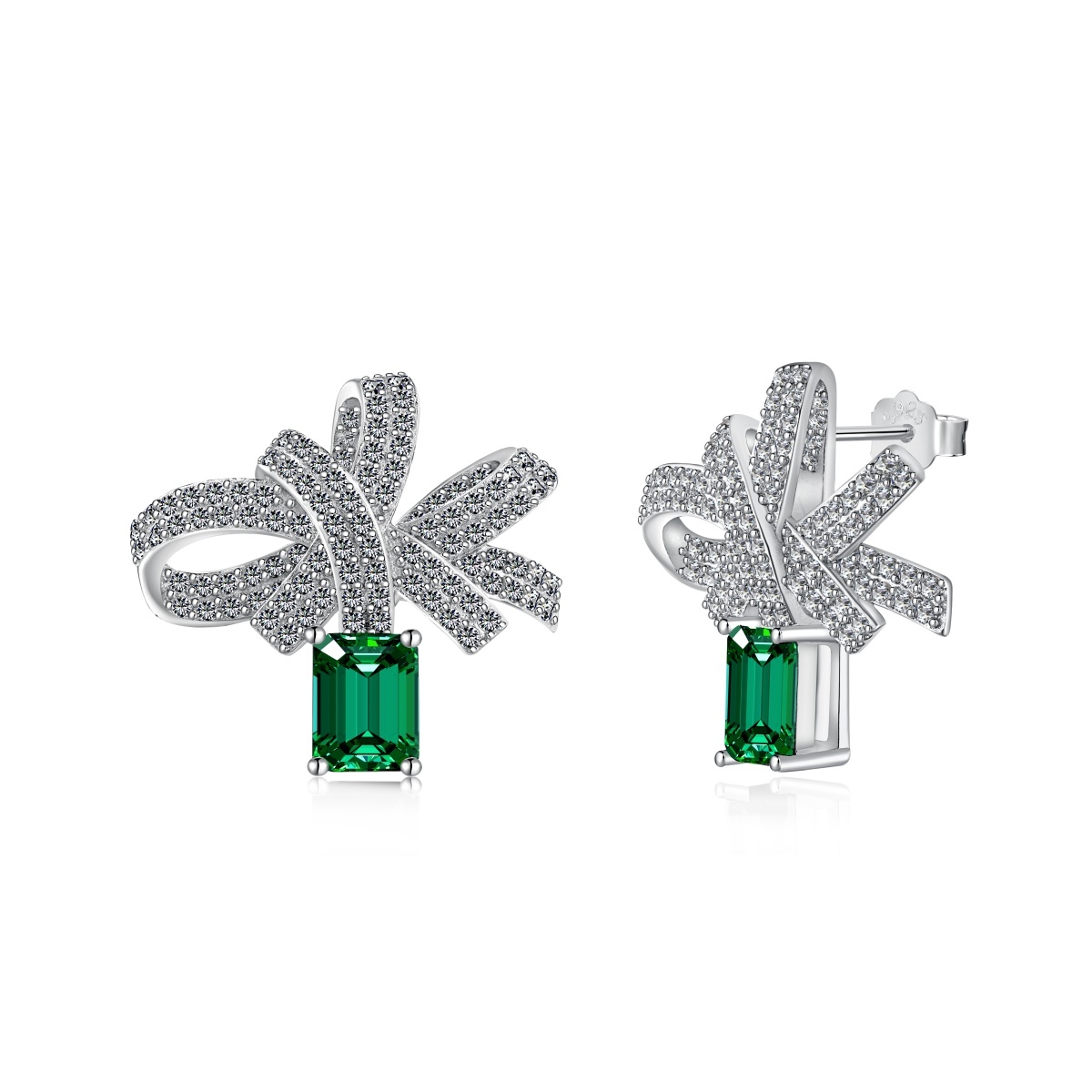 Delicate Bow Emerald Sterling Silver Earrings