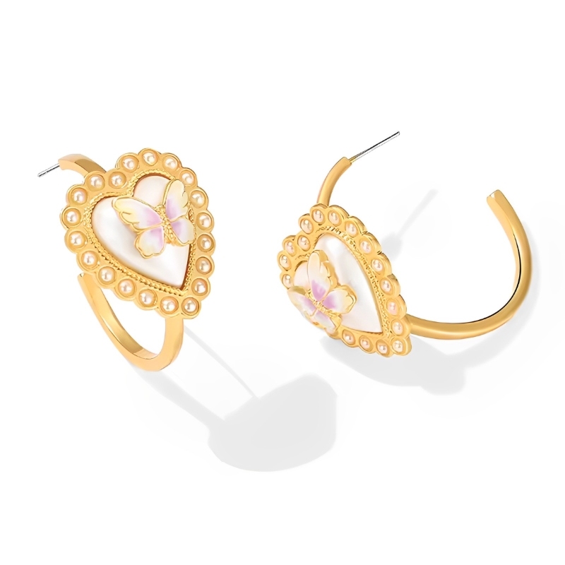 18K Heart Pearl Butterfly Earrings-Ear Hook Style