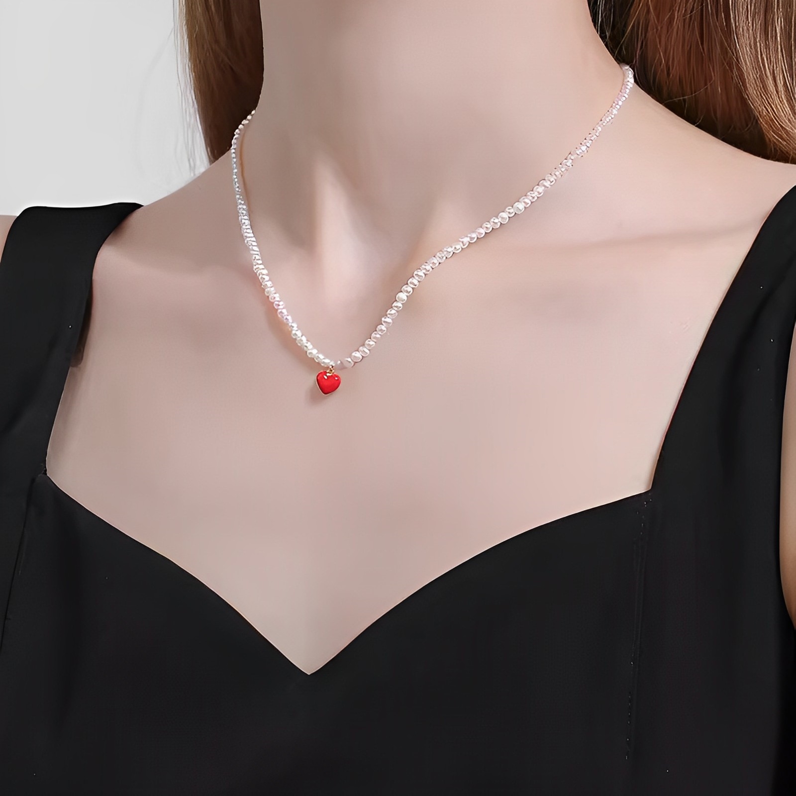 18K Pearl Heart Enamel Necklace