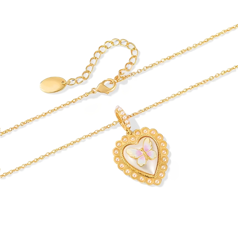 18K Heart Pearl Butterfly Enamel Necklace