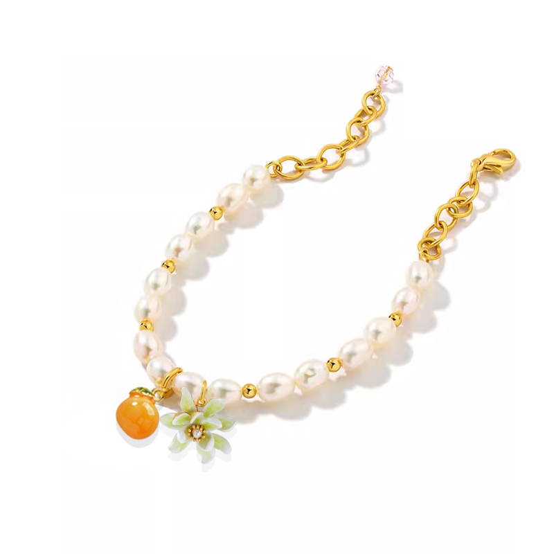 18K Orange Blossom Beautiful Delicate Pearl Enamel Bracelet