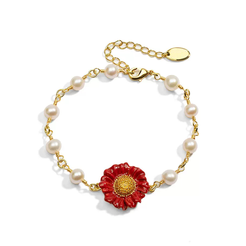 18K Freshwater Pearl Sunflower Enamel Bracelet