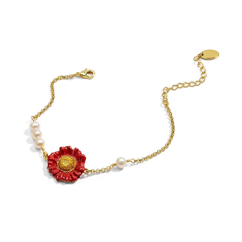 18K Small Pearl Sunflower Enamel Delicate Bracelet