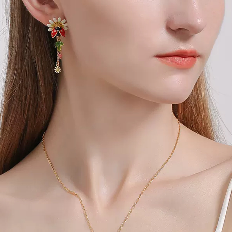18K Daisy Ladybird Cute Long Enamel Earrings