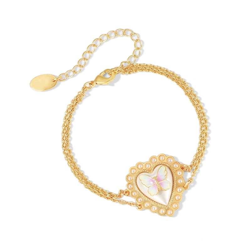 18K Heart Pearl Butterfly Enamel Double Layers Bracelet