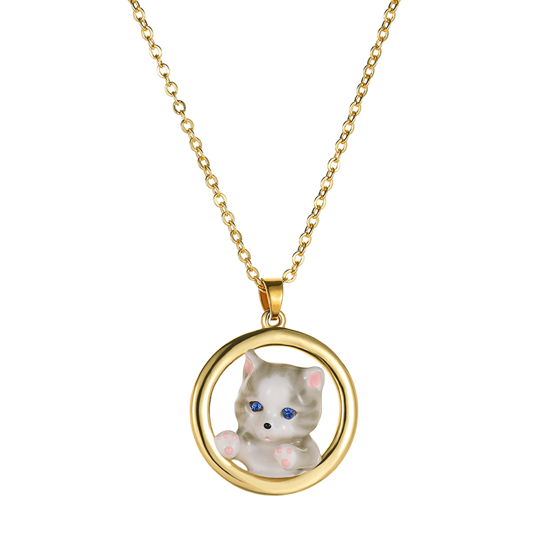 18k Cute Cat Enamel Necklace