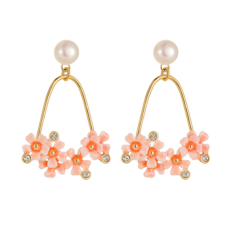 18K Flower Diamond Enamel Earrings - Hoop