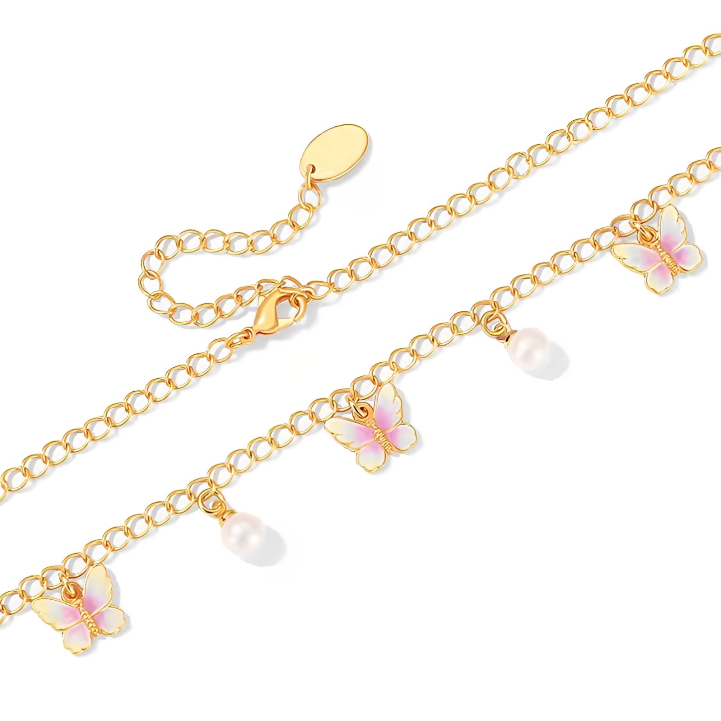 �18K Pearl Butterfly Enamel Necklace-、