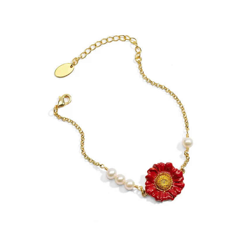 18K Small Pearl Sunflower Enamel Delicate Bracelet