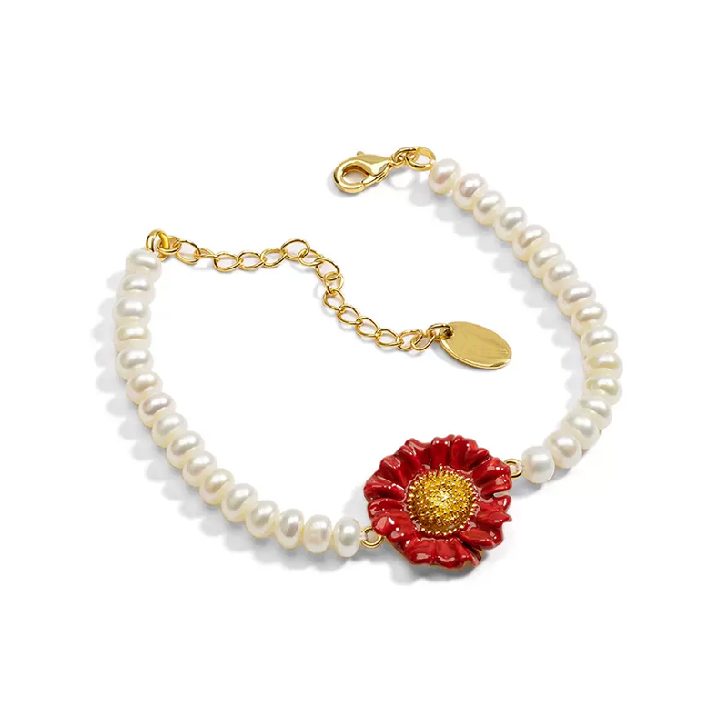 18k Red Flower Freshwater Pearl Multiple Enamel Bracelet
