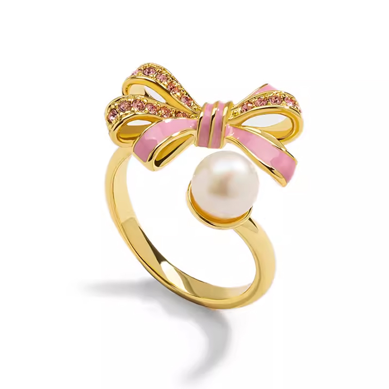 18K Pearl Sweet Bow Enamel Ring�