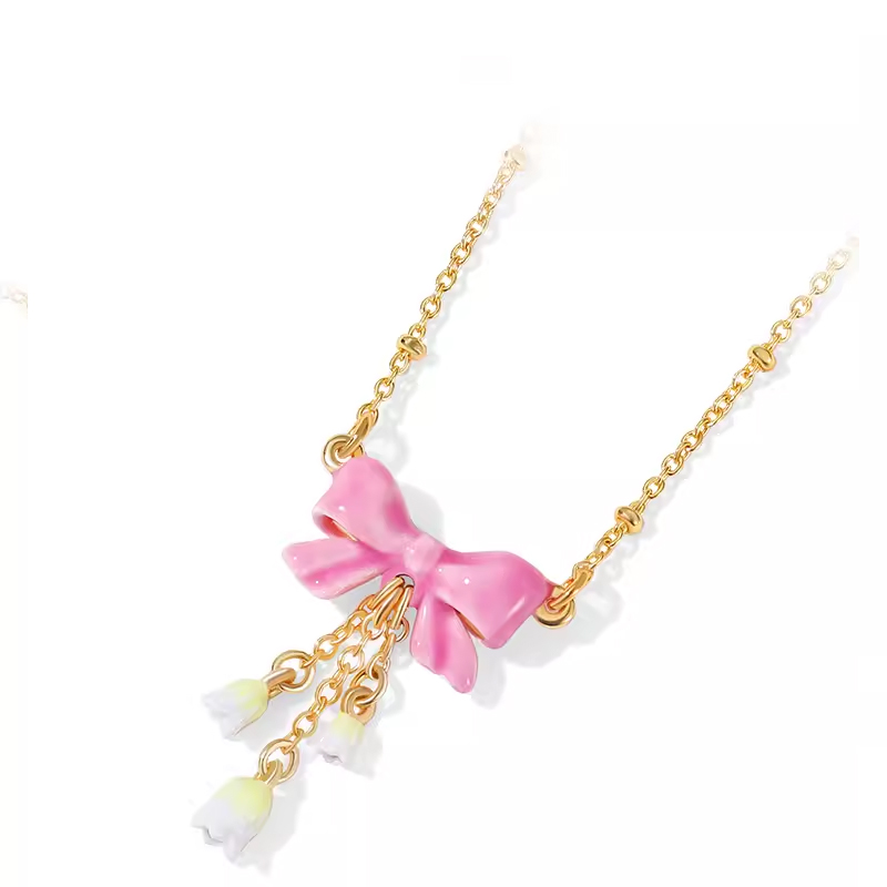 18K Sweet Bow Bell Orchid Flower Pendant Enamel Necklace