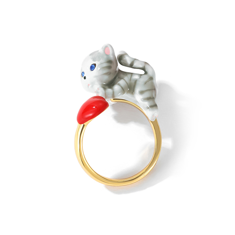 18K Cute Cat Love Heart Enamel Ring