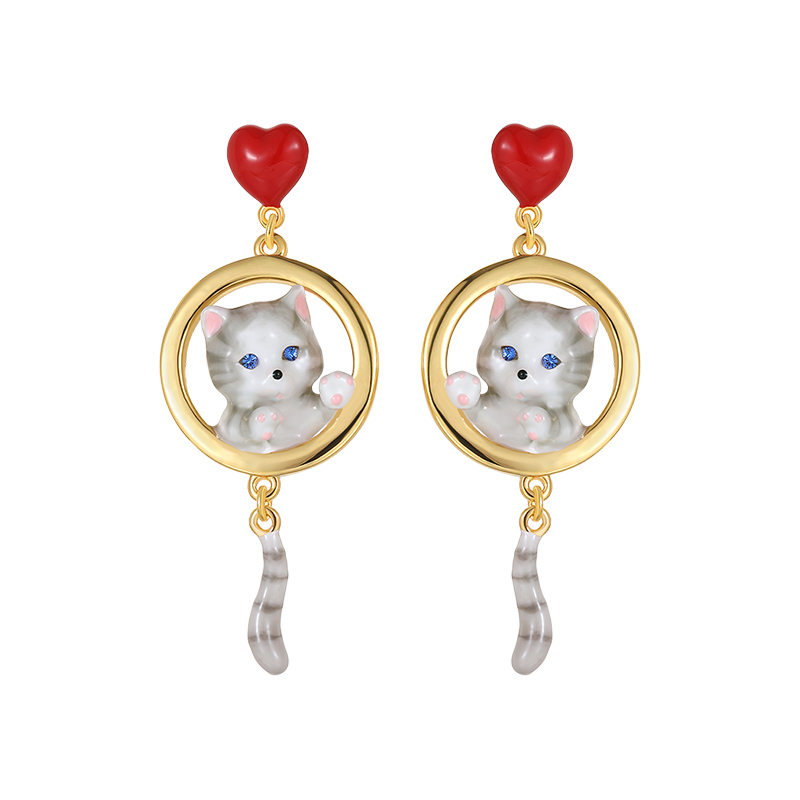 18K Cute Cat Heart Enamel Earrings