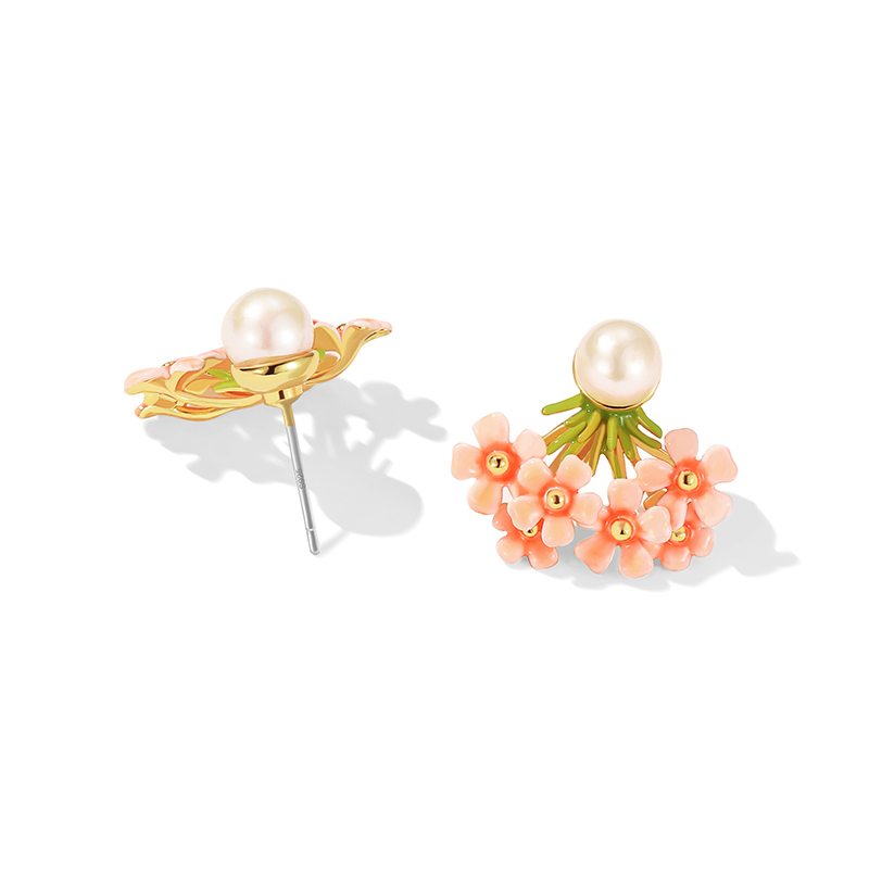 18K Flower Pearl & Enamel Stud Earrings-Short