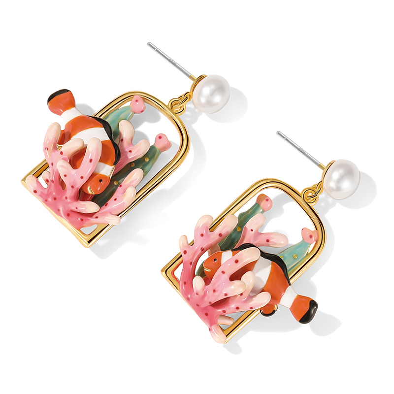 18K Ocean Clown Fish Enamel Earrings-Square Type