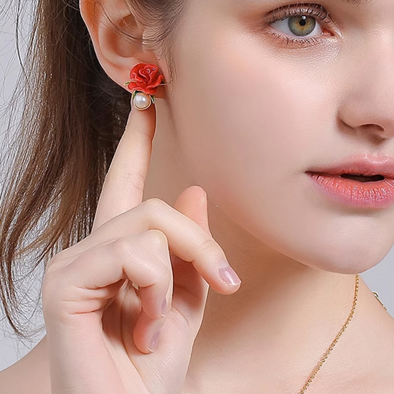 18K Red Rose Flower Enamel Stud Earrings