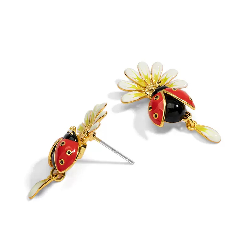 18k Daisy Cute Ladybird Enamel Earrings