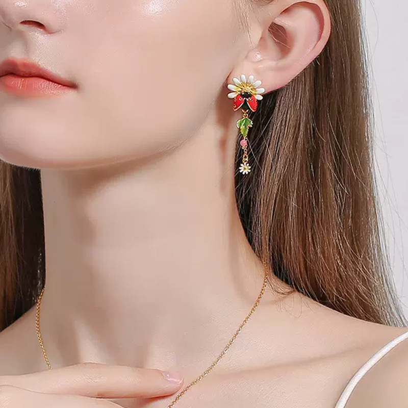 18K Daisy Ladybird Cute Long Enamel Earrings