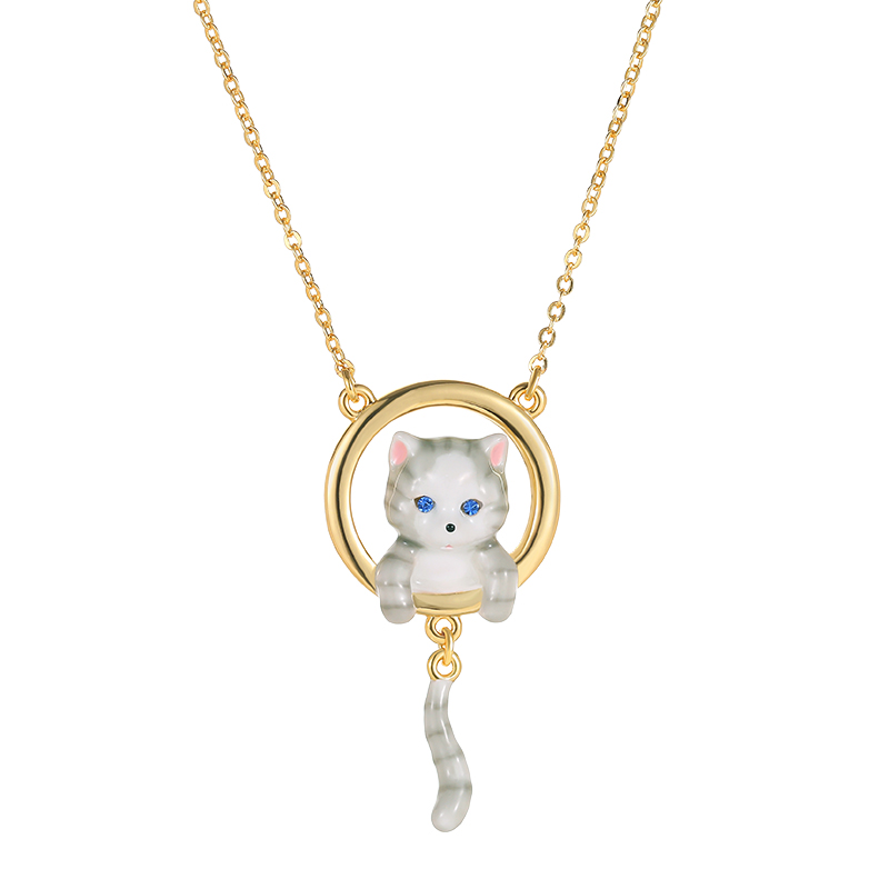 18K Cute Cat with Tail Enamel Necklace