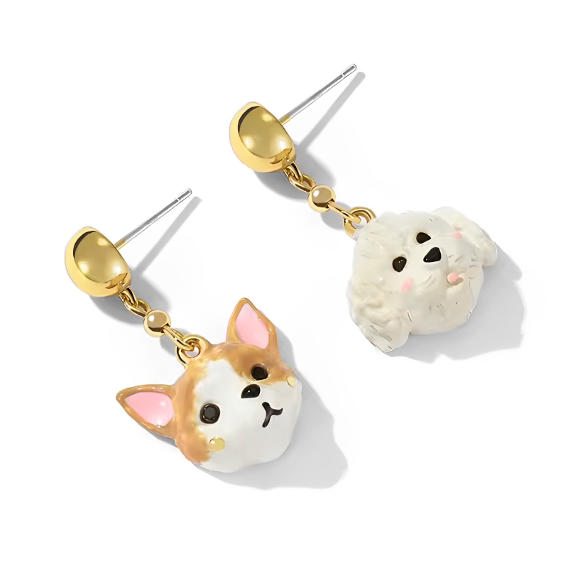 18k Cat & Dog Asymmetrical Enamel Stud Earrings