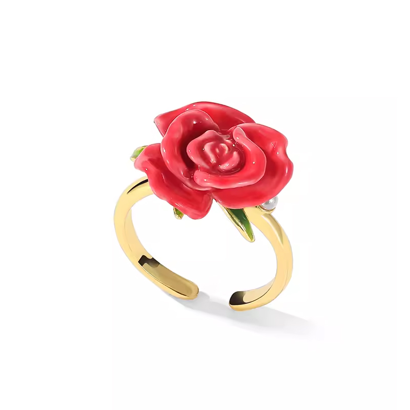 18K Red Rose Vintage Enamel Ring