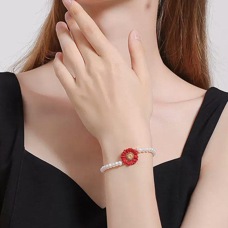 18k Red Flower Freshwater Pearl Multiple Enamel Bracelet