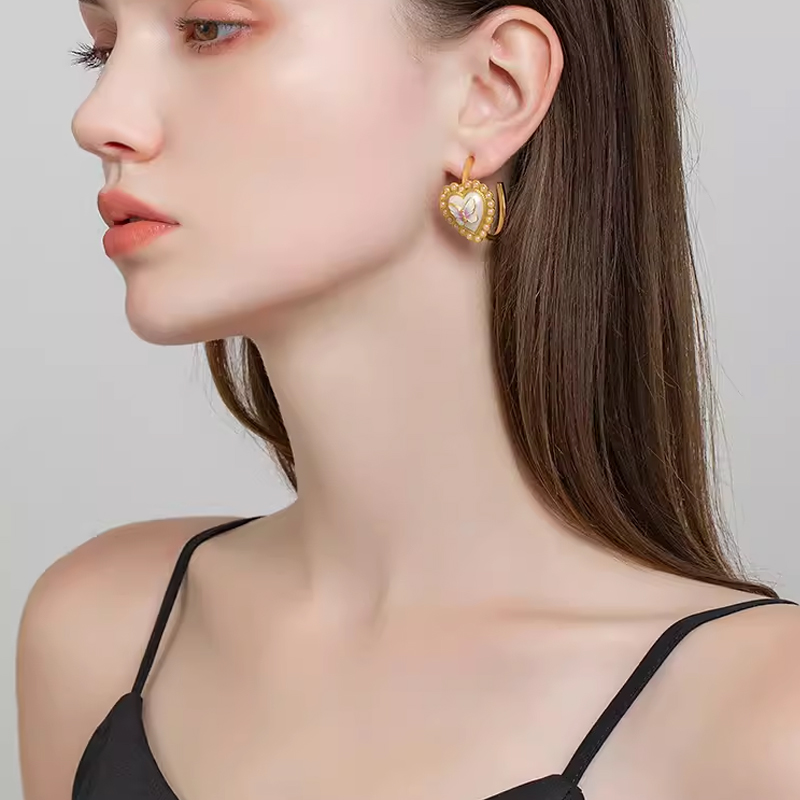 18K Heart Pearl Butterfly Earrings-Ear Hook Style