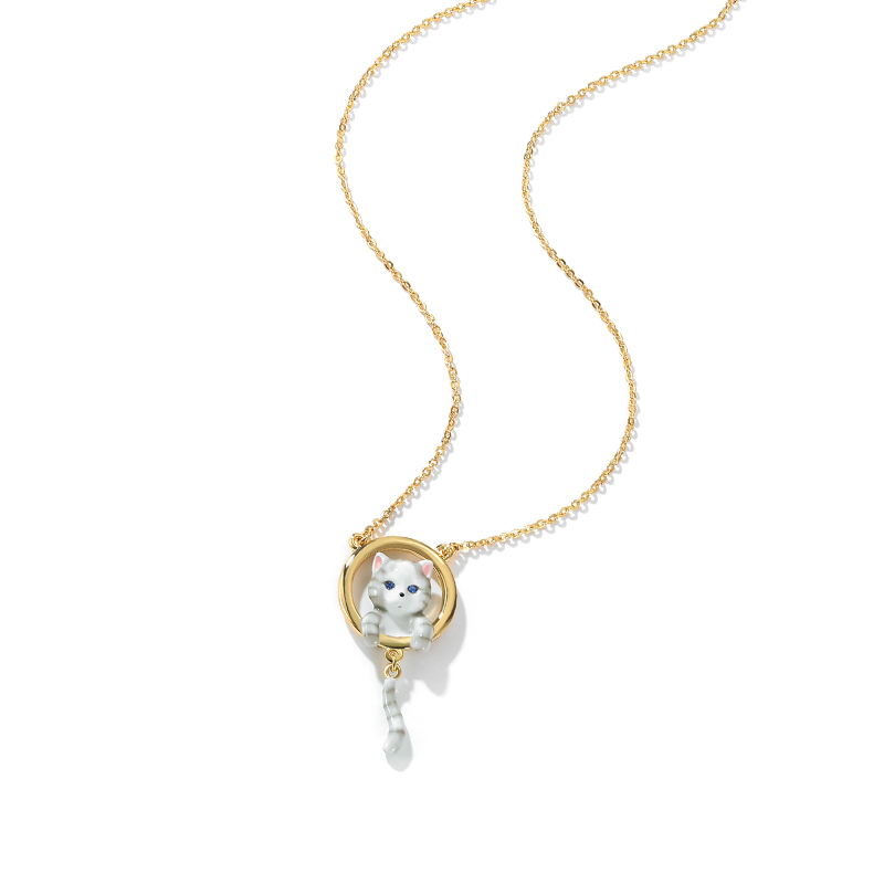 18K Cute Cat with Tail Enamel Necklace