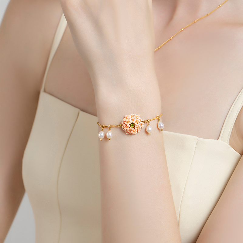 18K Flower Pearl Enamel Bracelet