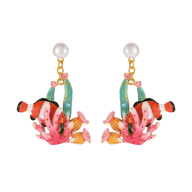 18K Ocean Clown Fish Enamel Earrings