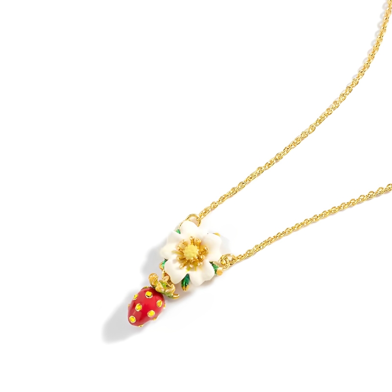 18K Flower Strawberry and Diamond Enamel Necklace