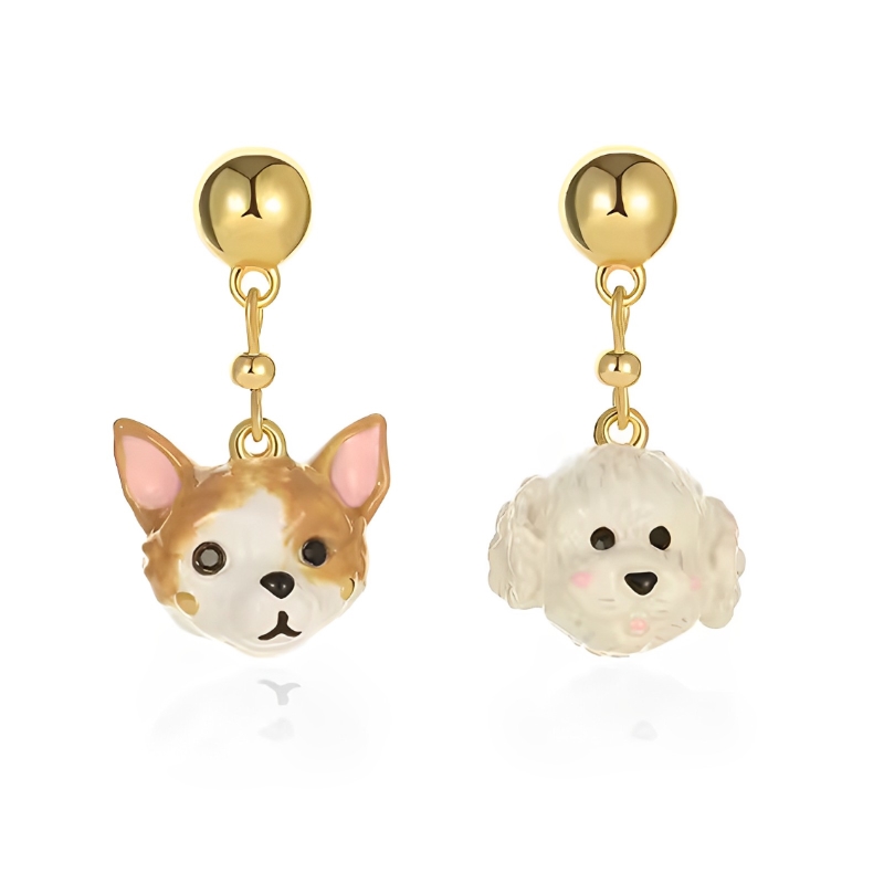 18k Cat & Dog Asymmetrical Enamel Stud Earrings