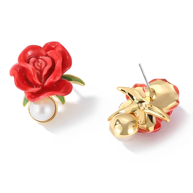 18K Red Rose Flower Enamel Stud Earrings