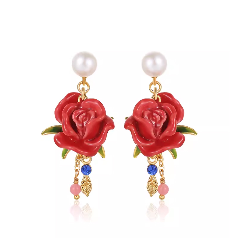 18K Red Rose Tassel Colored Diamonds Pearls & Enamel Stud Earrings
