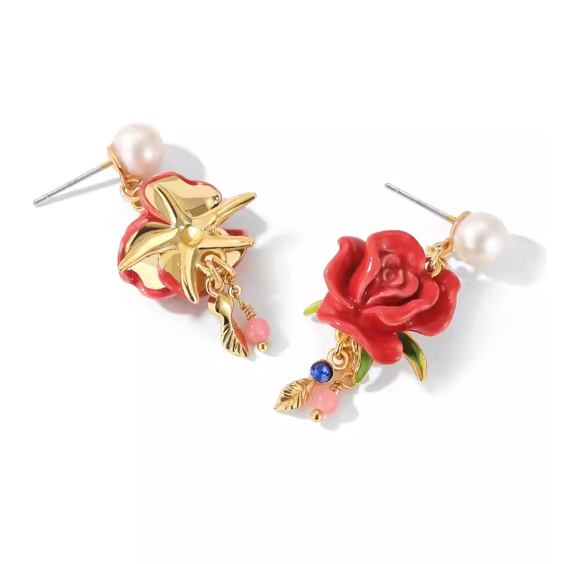 18K Red Rose Tassel Colored Diamonds Pearls & Enamel Stud Earrings