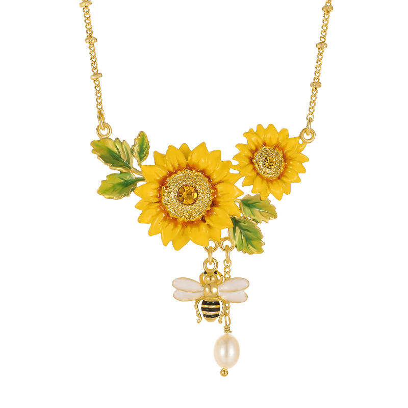 18K French Light Luxury Bee Sunflower Enamel ecklace