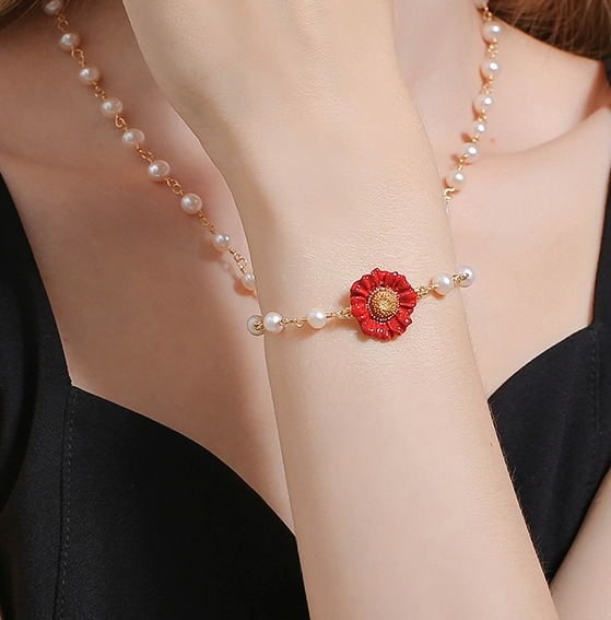 18K Freshwater Pearl Sunflower Enamel Bracelet