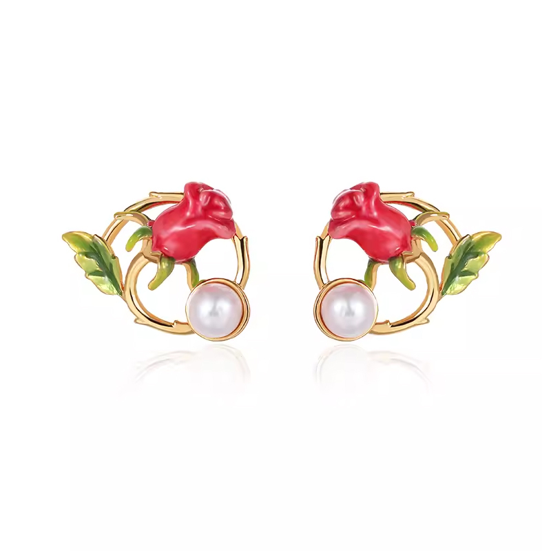 18K Versailles rose wreath fresh water pearl enamel earrings   